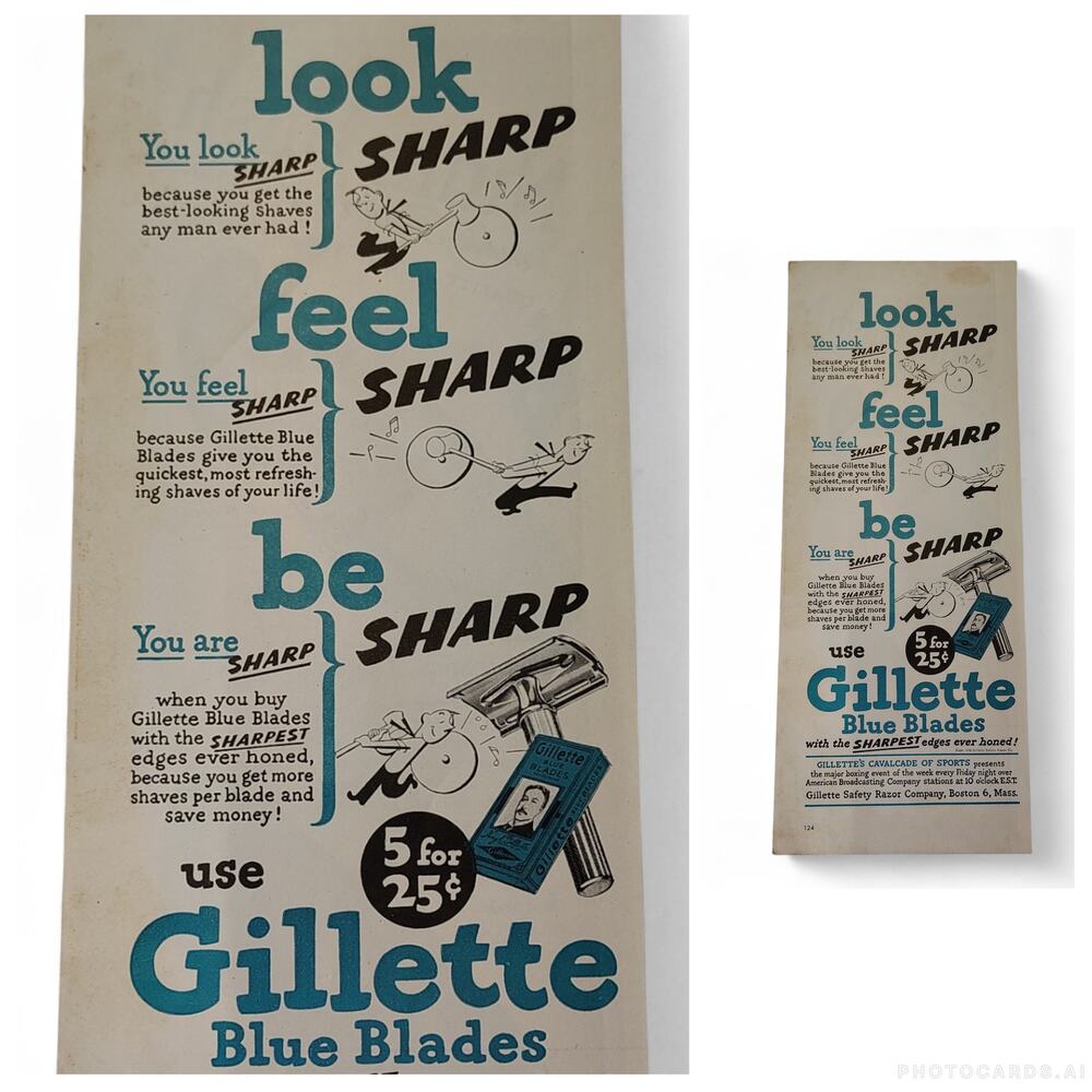 1946 Gillette Blade Print Ad Look Sharp Feel Sharp Be Sharp MCM Shaving Ephemera